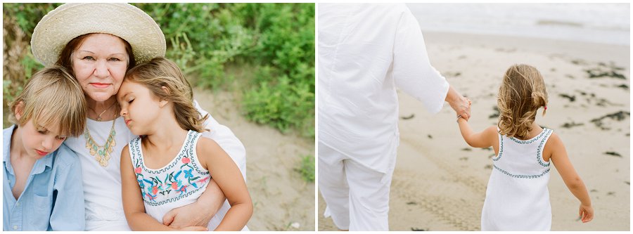 Family photos at the beach with floppy hat.