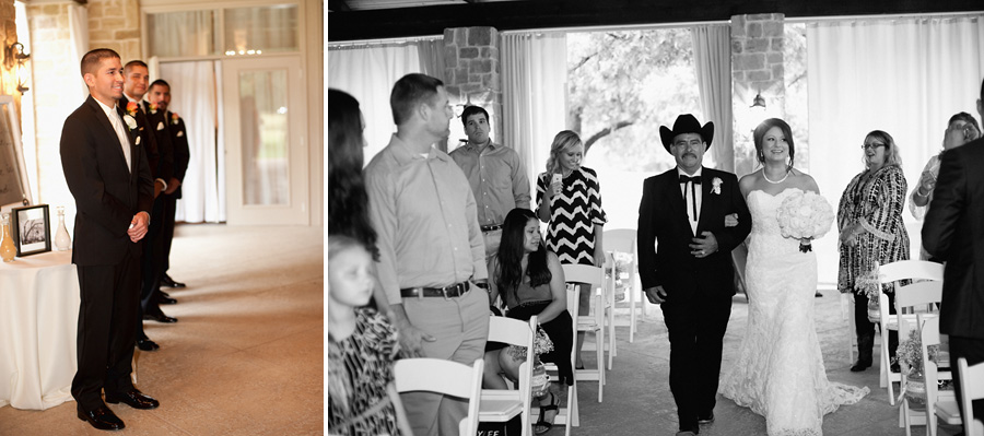 Bride walking with father down aisle at the Orchard in Azle, tx.
