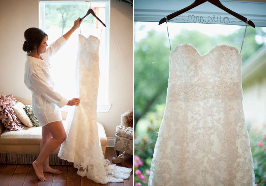 Texas bride getting ready to put on wedding dress.
