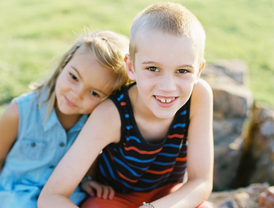 Siblings in a family session on medium format film.