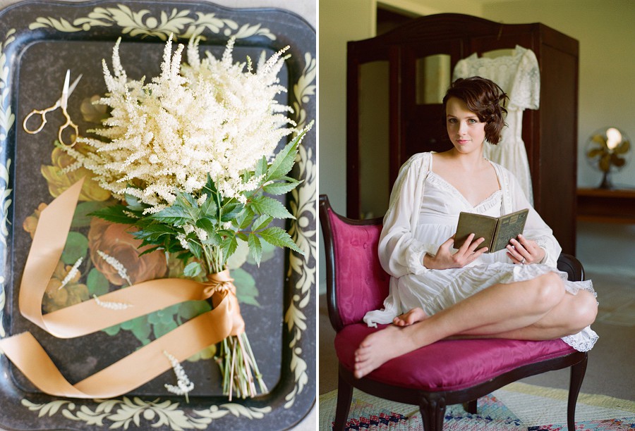 Astilbe bouquet and gold accents for retro bride.